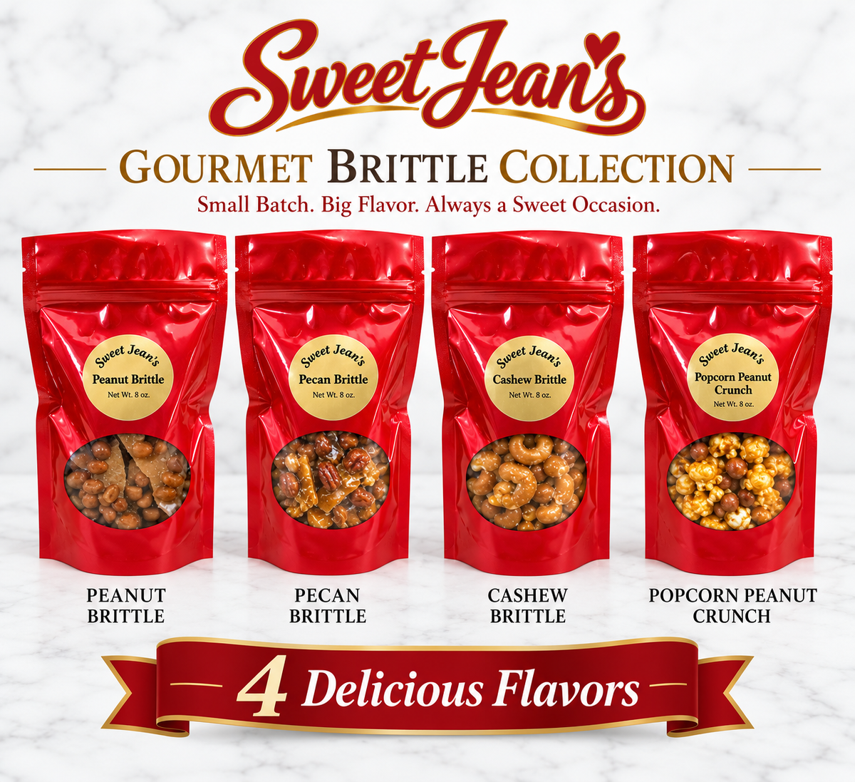 4-Bag Gourmet Brittle Collection Peanut, Pecan, Cashew and Popcorn Peanut Crunch